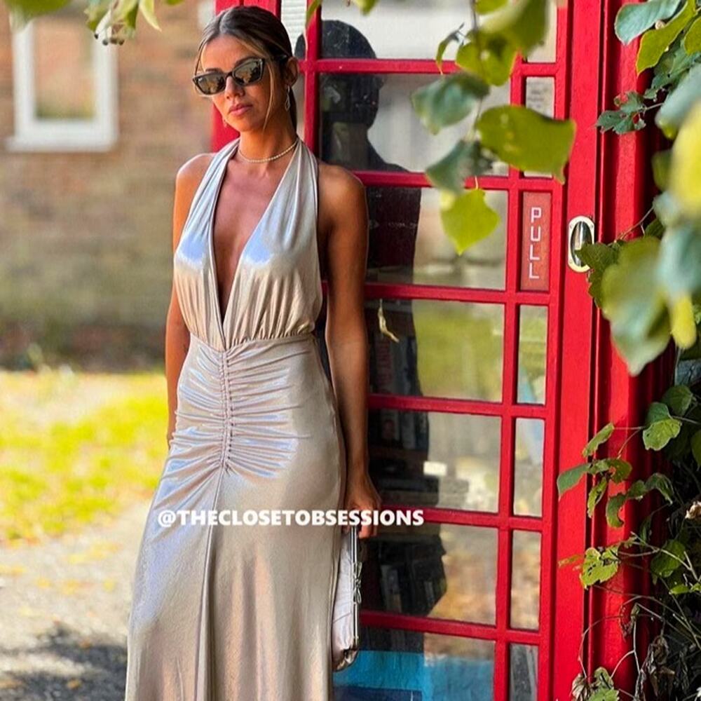 ZARA Metallic Halter Maxi Dress NWT Silver Ruched Formal Wedding Guest L - Picture 14 of 16